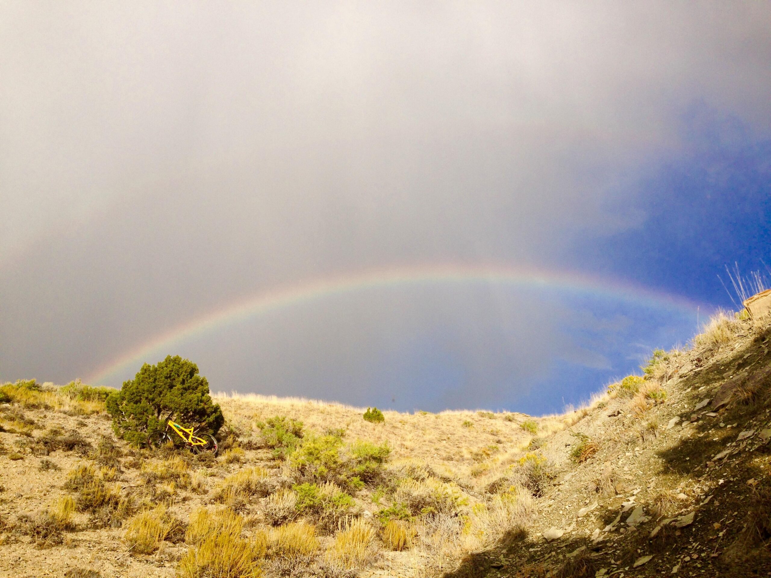 A vibrant rainbow arcs over a hilly landscape, with a small green shrub and a yellow bicycle resting on the ground in the foreground. The sky is a mix of gray and blue, hinting at recent rain, while the rugged terrain is dotted with dry grass and scattered vegetation. Wilkins Peak Trails mountain bike trail.