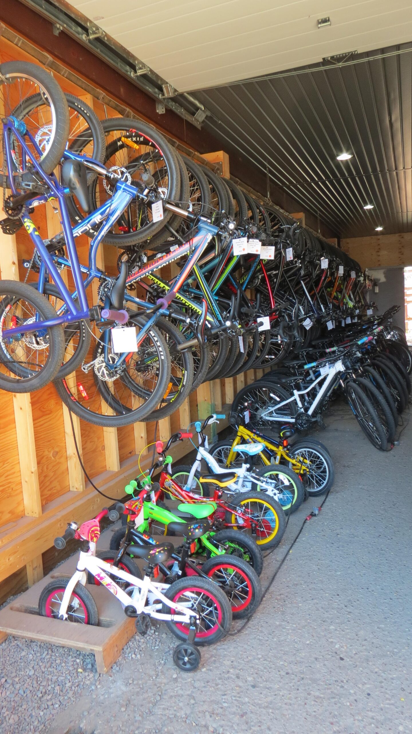 A row of bicycles displayed inside a storage area, featuring a mix of larger adult bikes hanging from a wooden rack on the left side and smaller children's bikes lined up on the ground to the right. The setting is bright and showcases various colors and styles of bikes, with price tags visible on some of them.