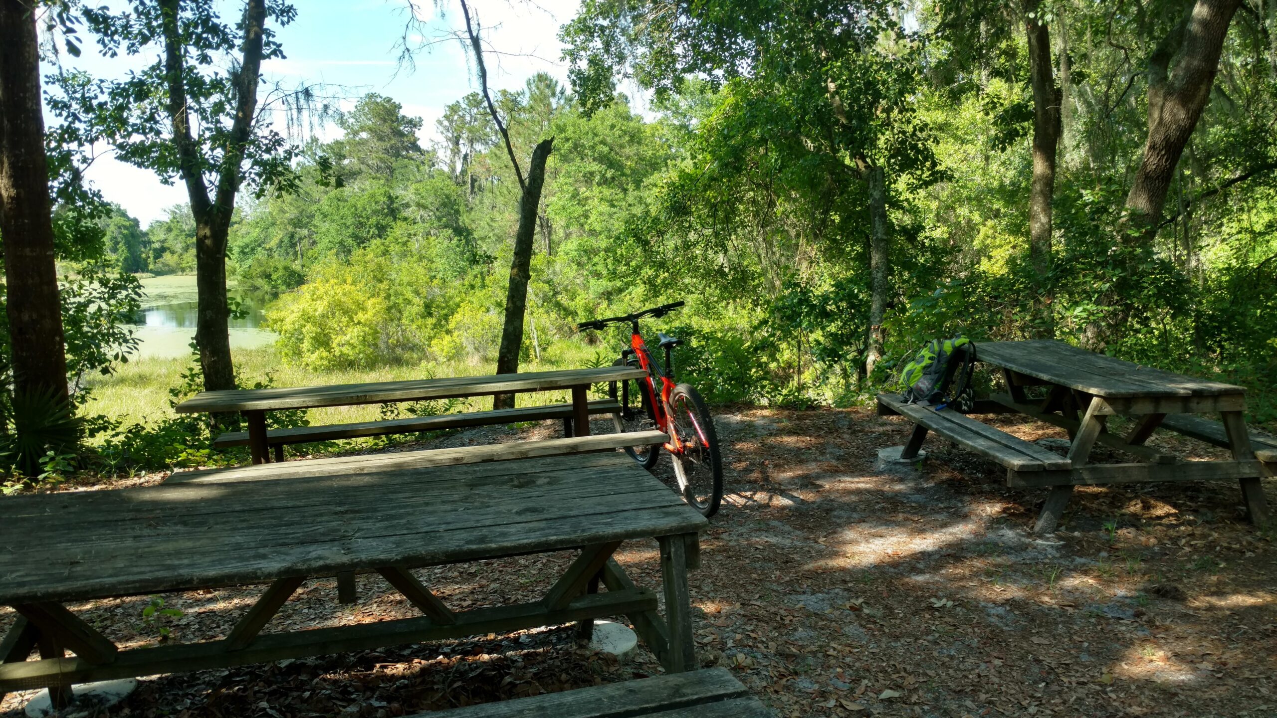 A peaceful outdoor scene featuring wooden picnic tables surrounded by lush greenery. A red mountain bike leans against one of the tables, with a backpack resting on another. In the background, a serene waterway can be seen, partially covered with aquatic plants. The bright sky suggests a sunny day. Balm Boyette Scrub Preserve mountain bike trail.