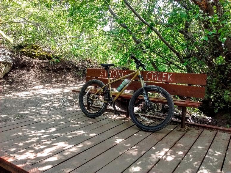 Surly Instigator: A mountain bike parked beside a wooden bench with the words "STRONG CREEK" painted on the backrest. The scene is surrounded by lush greenery, with sunlight filtering through the trees, creating a serene outdoor atmosphere. A wooden deck is visible underneath, adding to the rustic charm of the setting.