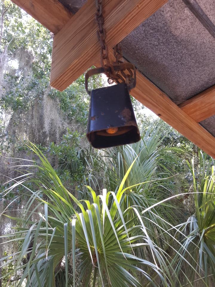 A rustic hanging light fixture with a black, weathered exterior, suspended by a chain from a wooden beam, surrounded by lush green palm leaves and trees in a natural outdoor setting. Loyce E. Harpe Park mountain bike trail.