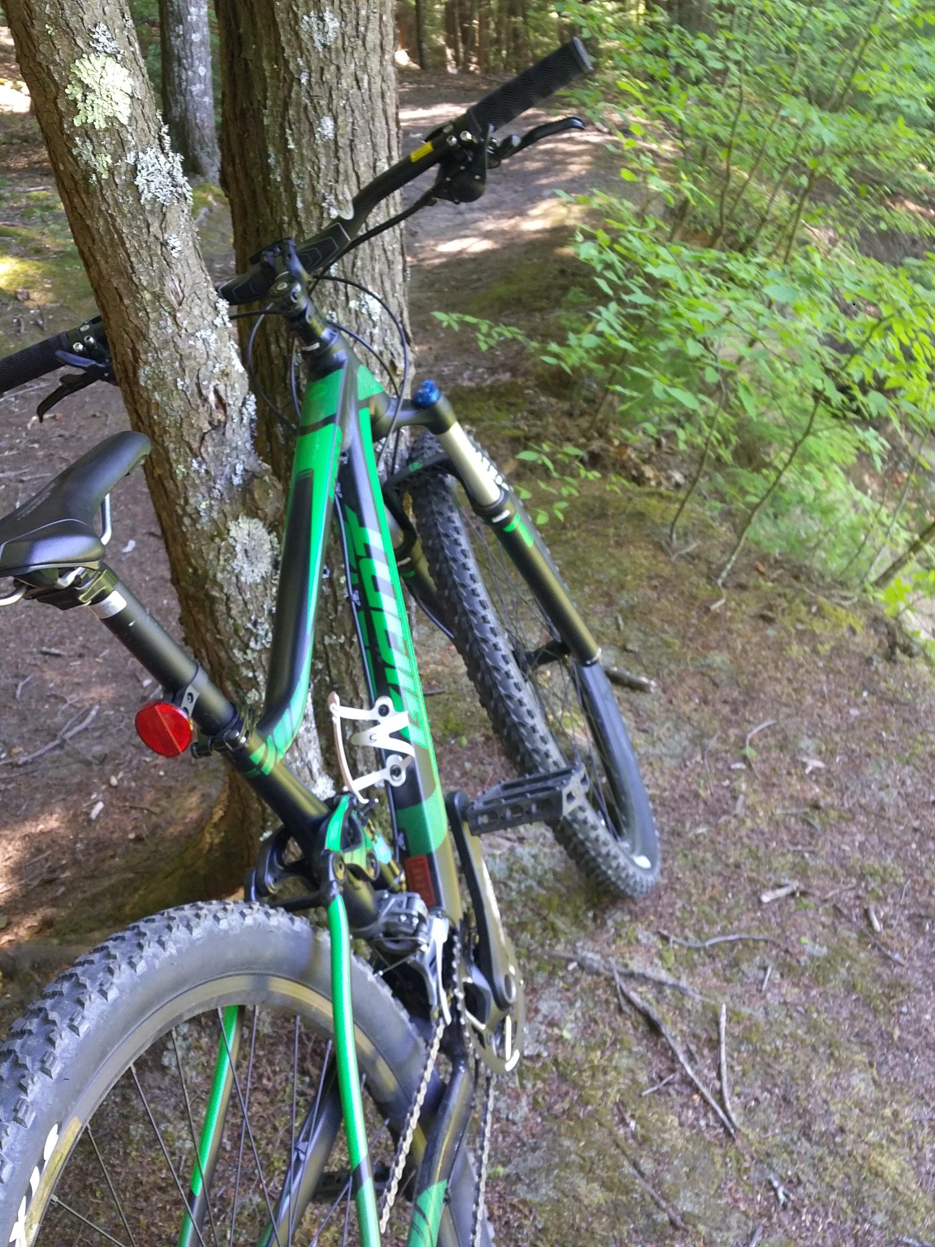 Giant Stance 27.5 2: A green and black mountain bike leaning against a tree in a wooded area, with a dirt trail visible in the background.