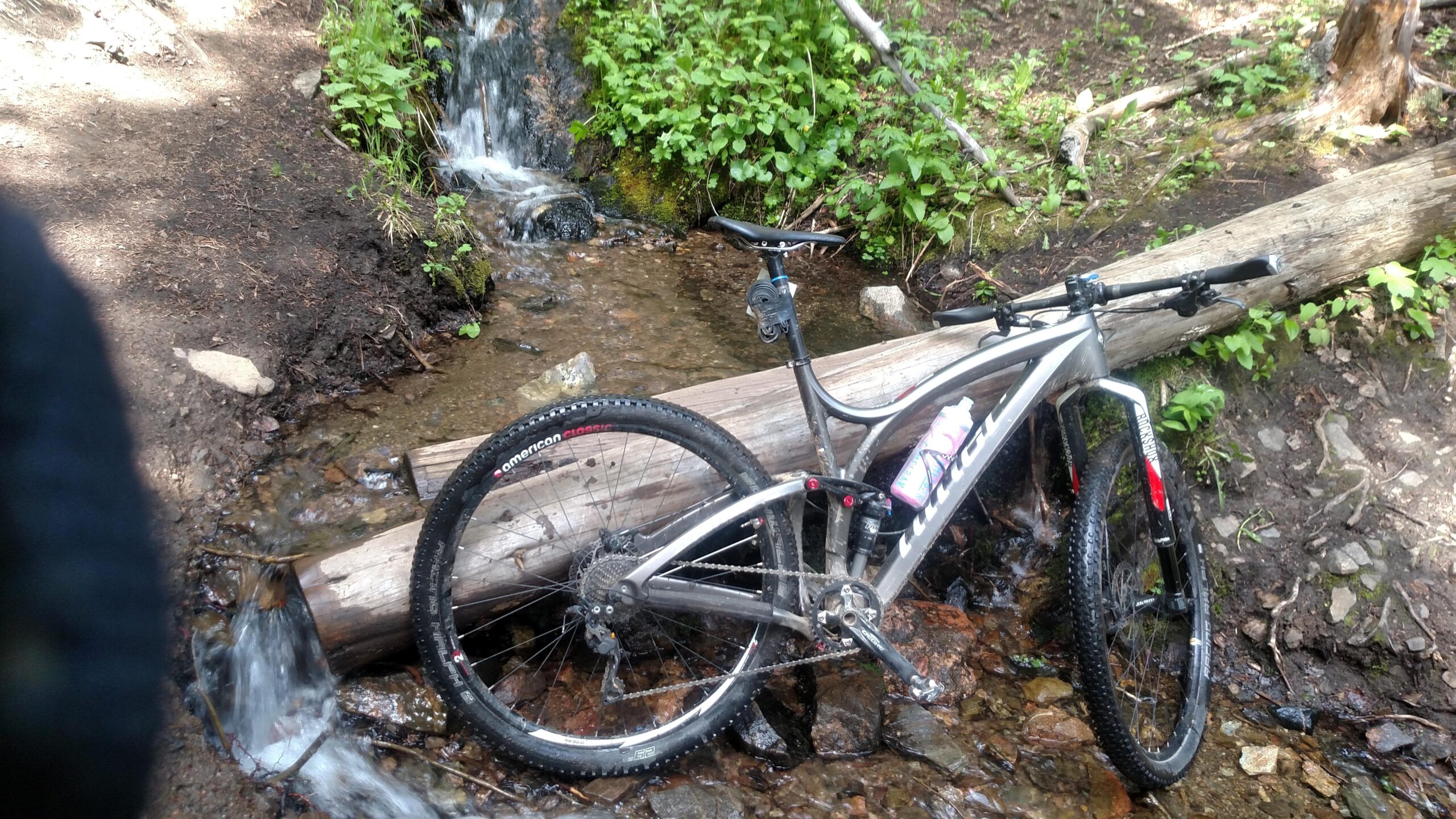 Niner Jet 9 Carbon: A mountain bike resting on a log near a small stream in a forested area. The bike has a silver frame and visible mud and water droplets, indicating recent use. The background features lush greenery and a gentle flow of water, creating a tranquil outdoor scene.