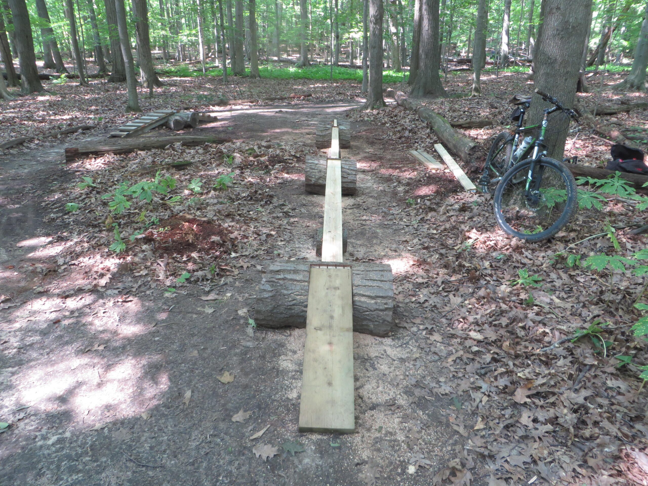 A forested area with a narrow wooden balance beam made from planks placed on tree logs. In the background, there are fallen leaves covering the ground and a mountain bike leaning against a tree. The scene is sunny, with vibrant green foliage surrounding the path. Burchfield mountain bike trail.