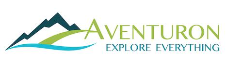 Logo of Aventuron featuring stylized mountains and water waves, with the slogan "Explore Everything" displayed beneath the brand name.
