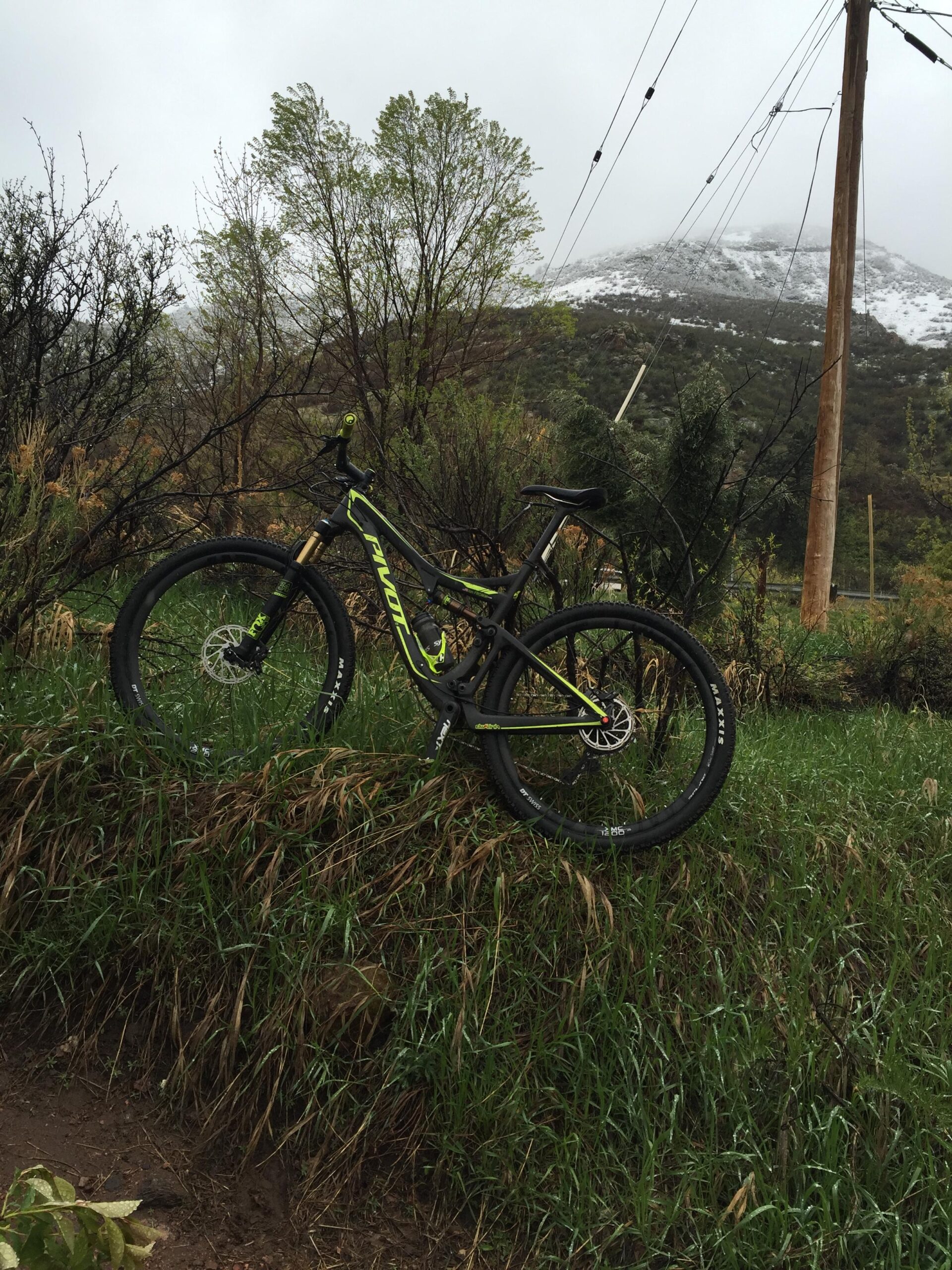 Pivot Mach 429SL Carbon: A mountain bike leaning against a grassy slope, surrounded by shrubs and trees, with a backdrop of a snow-capped mountain under a cloudy sky. Power lines run alongside the scene.