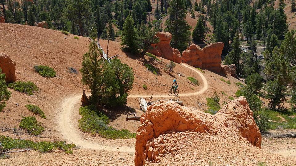 A mountain biker rides along a winding dirt trail in a rocky landscape surrounded by green trees and orange-hued terrain. The trail curves around a large rock formation, showcasing a scenic, outdoor adventure setting. Thunder Mountain mountain bike trail.