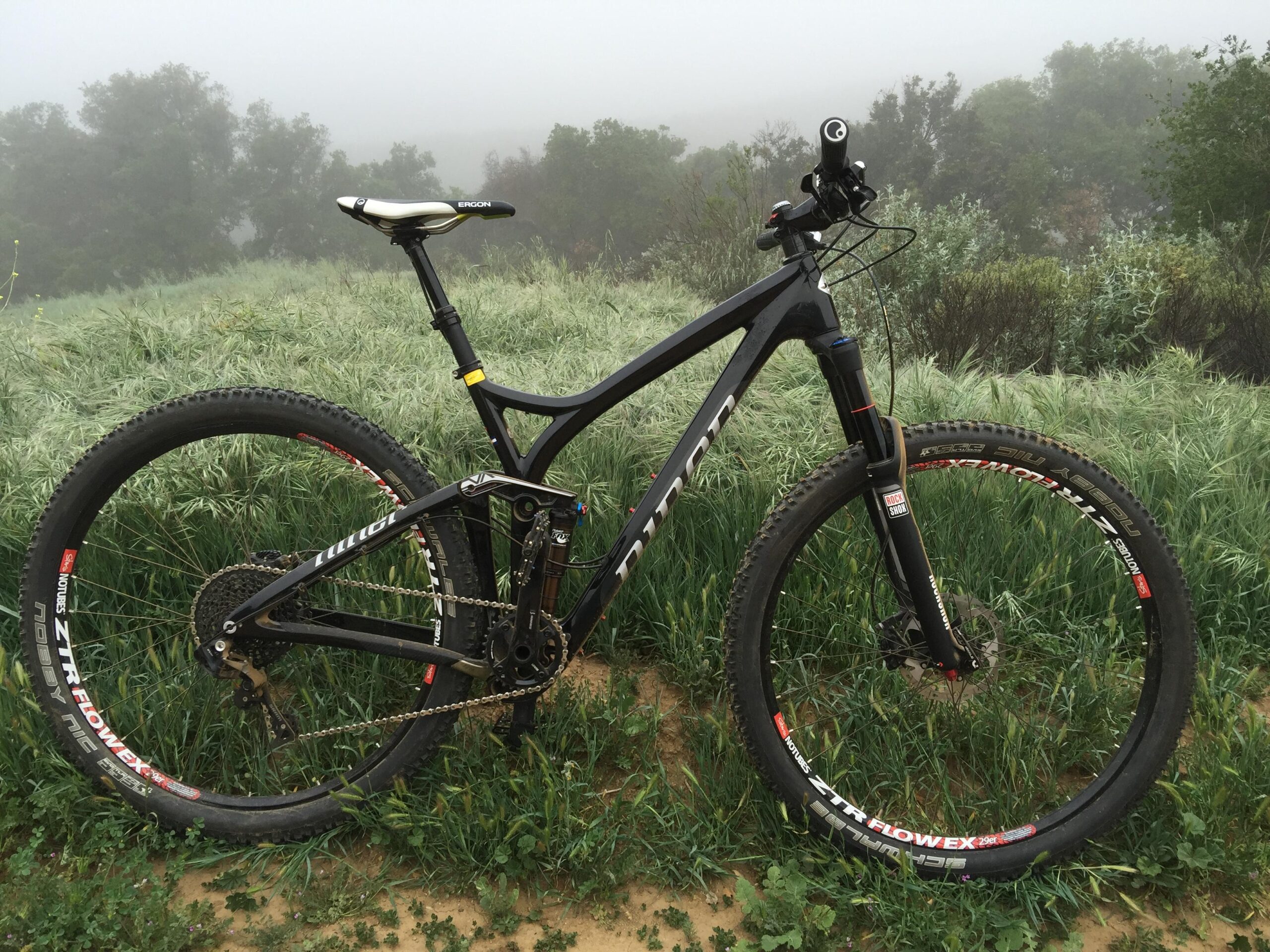 Niner R.I.P. 9 RDO: A mountain bike is positioned on a grassy area, partially obscured by fog. The bike features a lightweight black frame, thick tires designed for off-road terrain, and components from various brands. The background includes greenery and trees, contributing to a tranquil, misty outdoor setting.