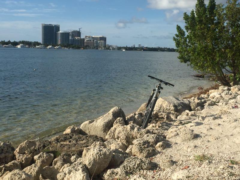 A bicycle leaning against rocks by the shore, with a calm body of water in the foreground and buildings in the background under a blue sky. Oleta River State Park mountain bike trail.