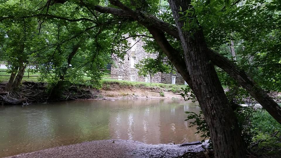A tranquil view of a creek surrounded by dense greenery, with a rustic stone building partially visible in the background. The water reflects the lush foliage overhead, while trees lean over the bank, creating a peaceful, natural setting. Schaeffer Farms mountain bike trail.