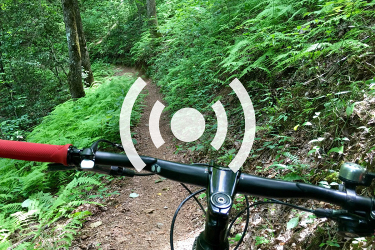 A cyclist's view of a winding dirt trail surrounded by lush green foliage, with a focus on the handlebars of the bike. An overlay icon representing audio or signal is displayed in the center.