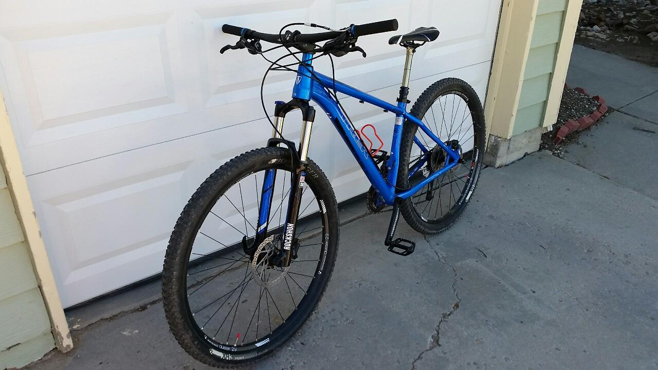 Trek Stache: A blue mountain bike positioned on a concrete surface in front of a white garage door. The bike features wide tires designed for rough terrain, a front suspension fork, and a sturdy frame. There is a water bottle holder attached to the frame, and the bike is oriented to show its handlebars and pedals clearly.