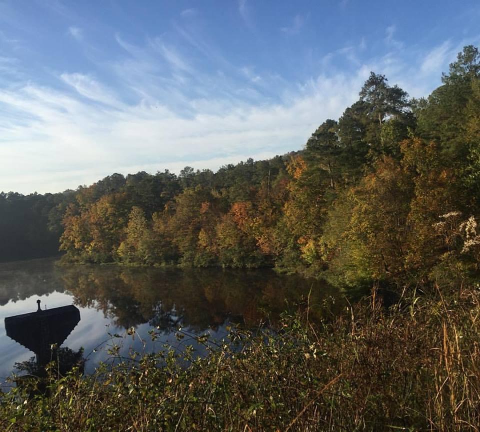 A calm lake surrounded by autumn foliage, reflecting colorful trees in the water. The sky is partly cloudy, and a figure stands on a wooden platform at the edge of the lake, adding a sense of serenity to the natural landscape. Sylaward mountain bike trail.