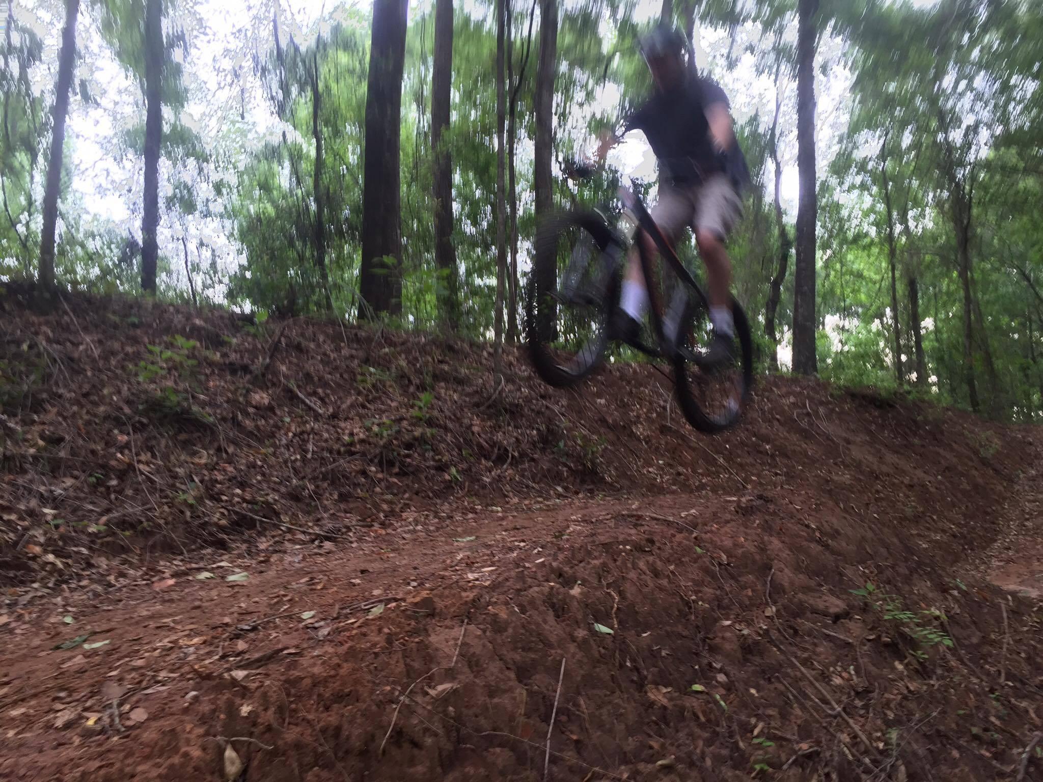 A mountain biker jumps off a dirt ramp in a forested area, surrounded by tall trees and greenery. The image captures a sense of motion with the rider airborne, showcasing outdoor biking activity. Big Levee mountain bike trail.
