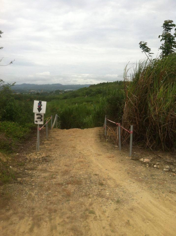 A dirt pathway leading down a slope, flanked by tall grass and vegetation. A sign marked with the number "3" and an arrow is positioned at the top of the path. The sky is overcast, and hills are visible in the background. Monte Realengo mountain bike trail.