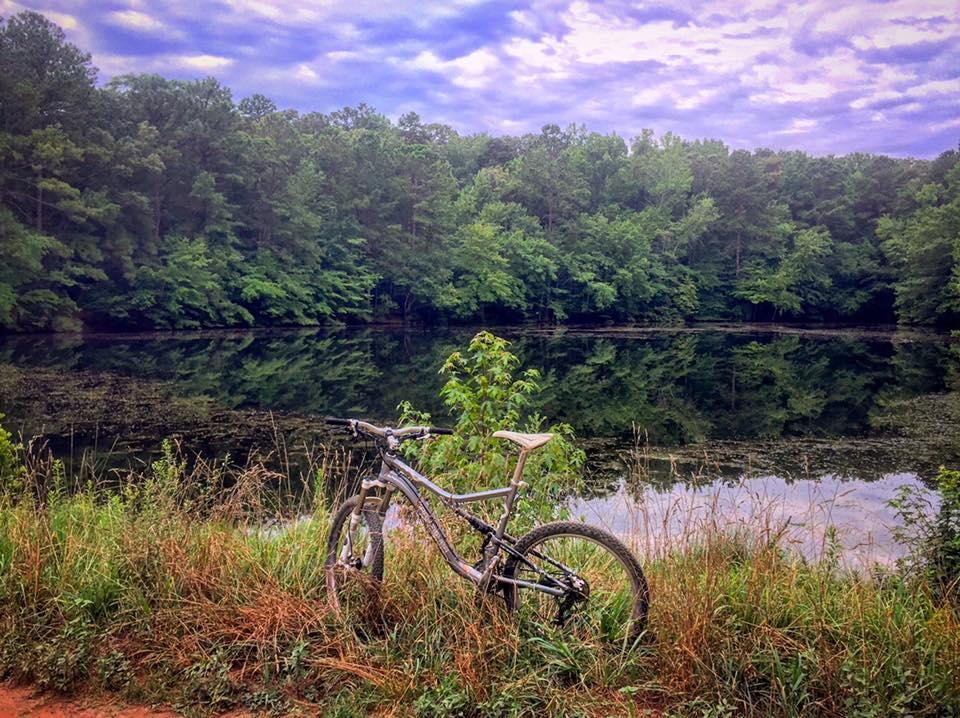 A mountain bike leaning against a small bush near a serene pond, surrounded by lush greenery and trees. The peaceful water reflects the overcast sky and the vibrant foliage, creating a tranquil, natural scene. Sope Creek mountain bike trail.