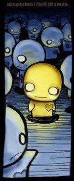 Specialized FSR: A visually striking illustration featuring multiple pale blue characters with simplistic designs in a dark environment, centered around a bright yellow character with a heart symbol on its chest. The yellow character stands out among the others, who appear to be expressionless, creating a sense of individuality and contrast in the composition.