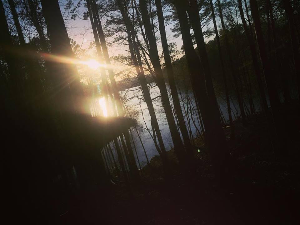 Sunset over a tranquil lake, framed by tall trees. The sun casts warm light reflecting on the water, creating a serene atmosphere. Sylaward mountain bike trail.