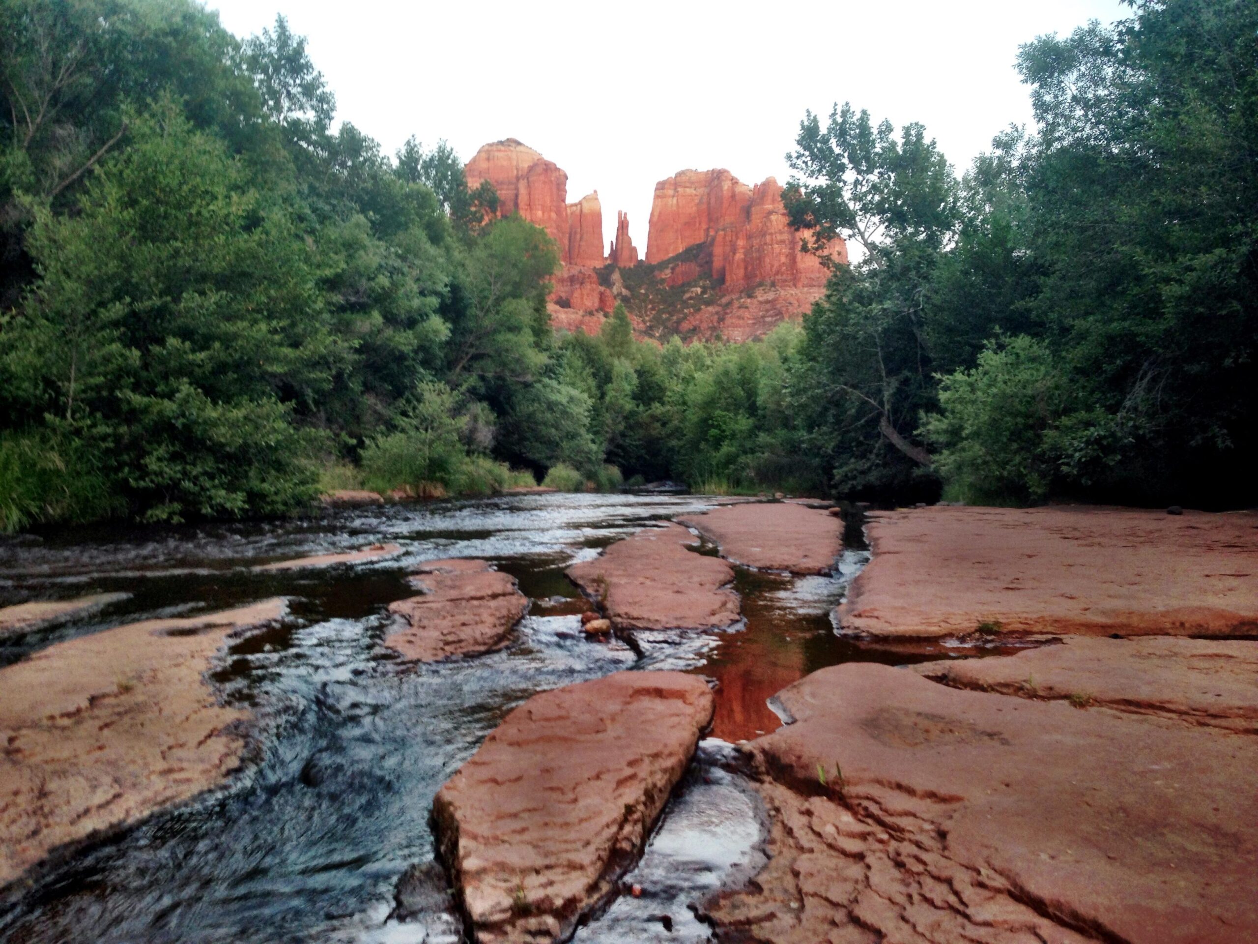 A serene landscape featuring a meandering stream flowing over smooth, reddish rock formations, surrounded by lush green trees. In the background, towering red rock formations rise against the sky, illuminated by the soft light of dusk. The scene captures the natural beauty of a tranquil outdoor setting. Easy Breezy mountain bike trail.