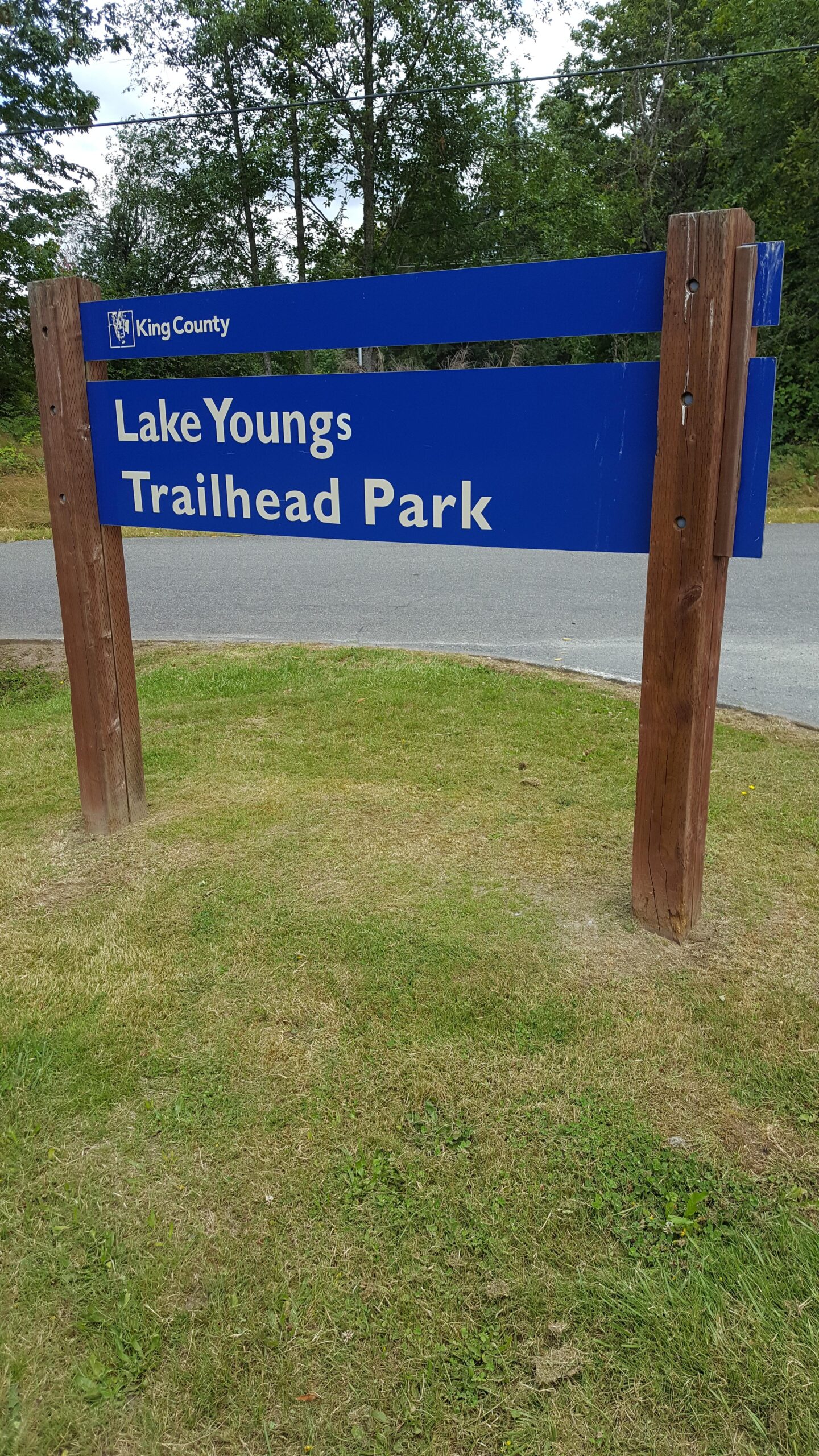 Blue sign indicating "Lake Youngs Trailhead Park" surrounded by grass and trees. The sign includes a King County logo at the top and is positioned near a road. Lake Youngs mountain bike trail.