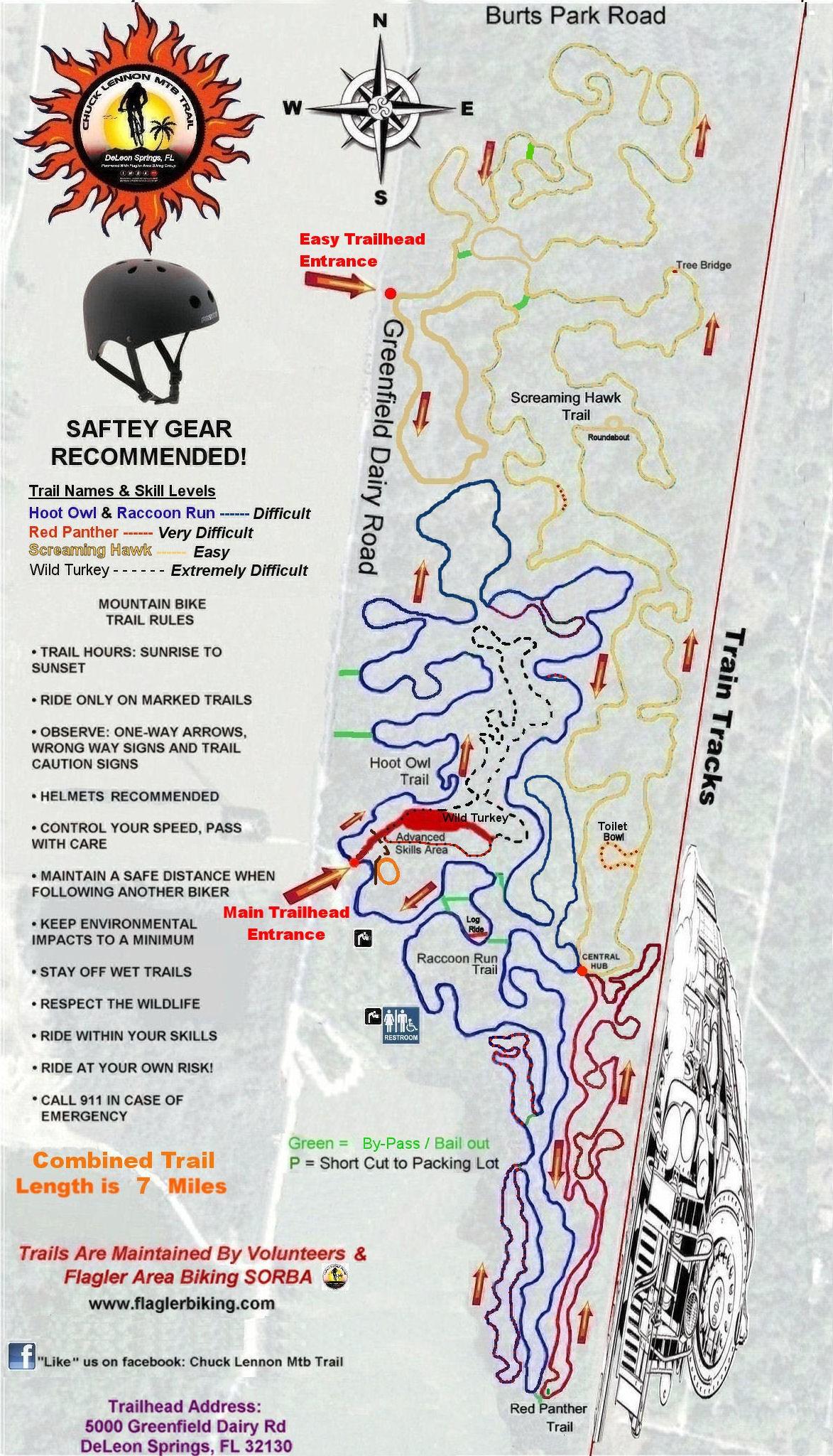 A detailed trail map for Chuck Lennon Mountain Bike Trail in DeLeon Springs, FL, showing various bike trails with marked difficulty levels: Easy, Difficult, Very Difficult, and Extremely Difficult. The map includes key features such as trail entrances, safety gear recommendations, trail rules, and a central hub with restrooms. Icons and color coding represent different trails, along with a compass for orientation. The total combined trail length is 7 miles. Chuck Lennon Park mountain bike trail.