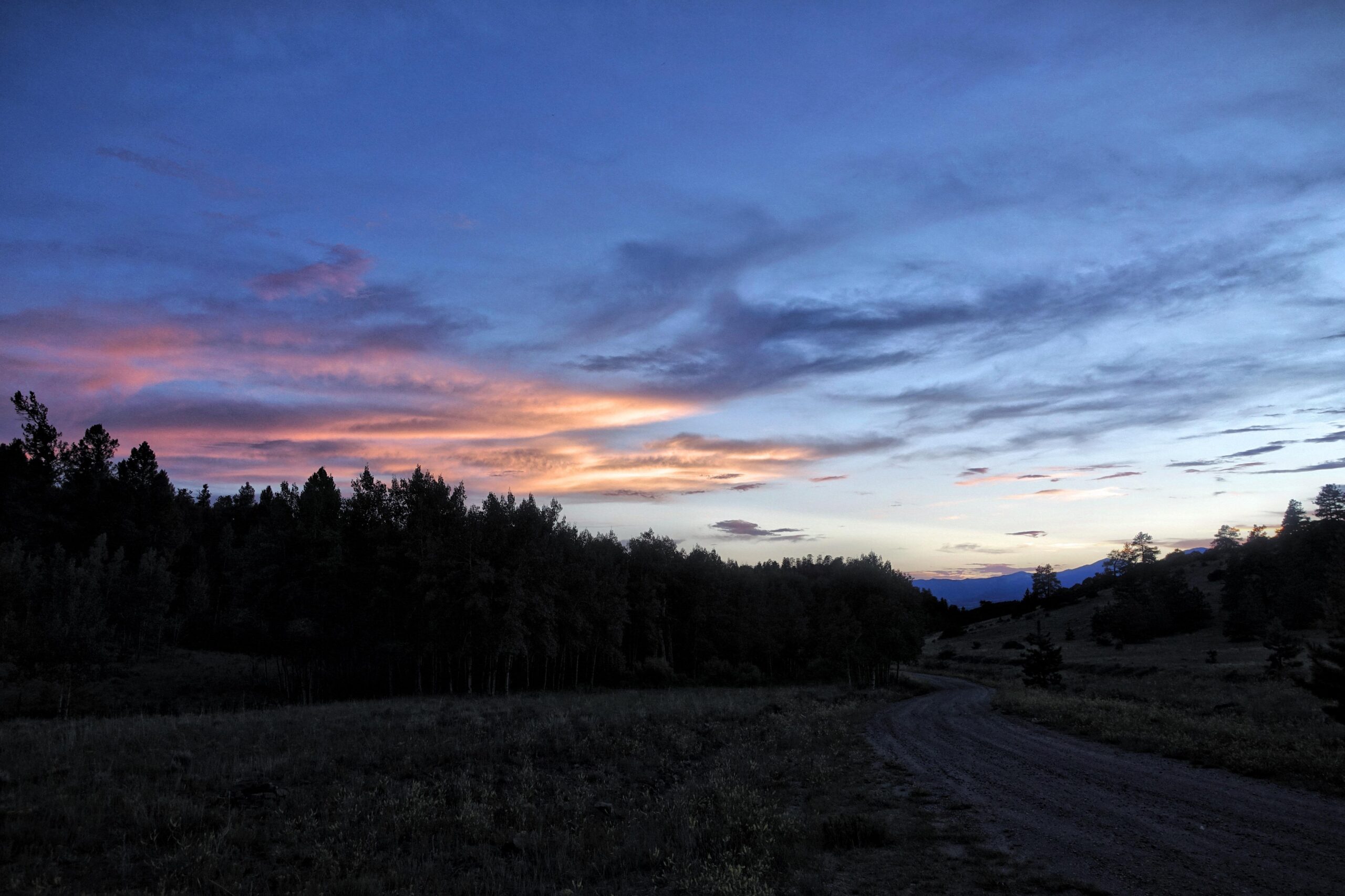 A tranquil landscape at dusk featuring a dirt road winding through a field and bordered by trees. The sky is painted with shades of blue, pink, and purple as the sun sets, creating a serene and picturesque scene. Cottonwood mountain bike trail.