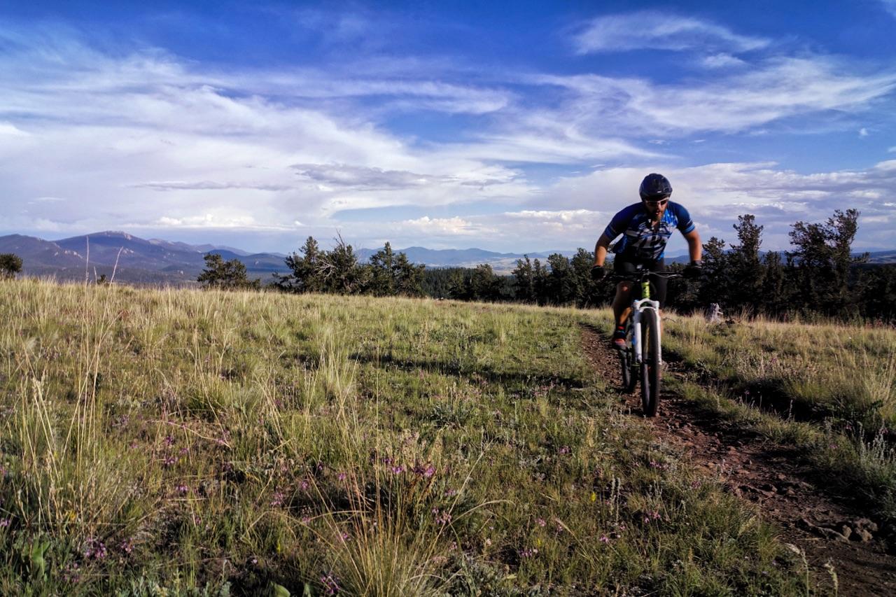 Airborne Goblin: A mountain biker riding along a dirt trail through a grassy field, with mountains and a blue sky in the background.
