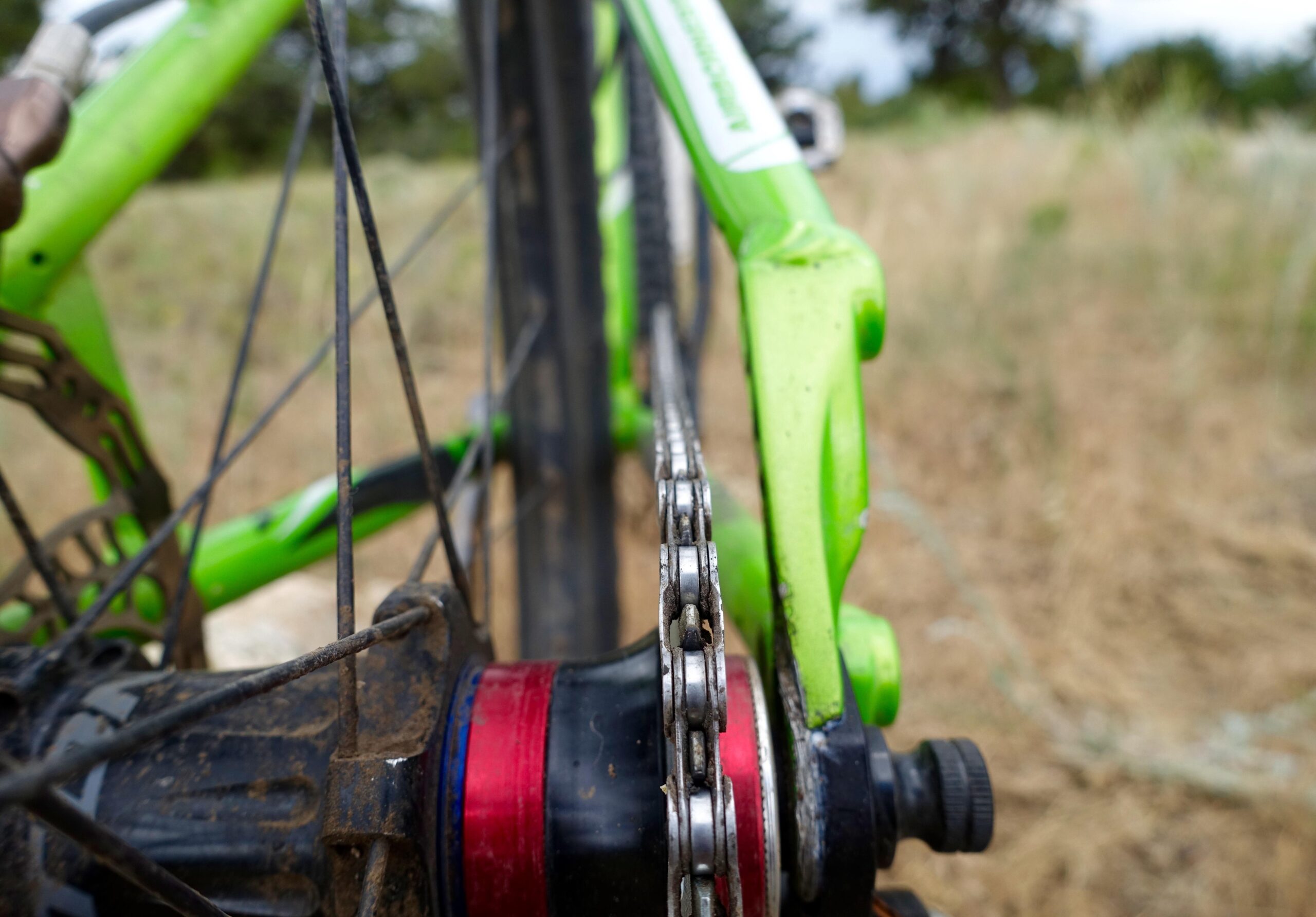 Airborne Goblin: Close-up view of a bicycle's rear wheel, highlighting the green frame, chain, and hub details. The background features blurred grass and a natural landscape, suggesting an outdoor setting.