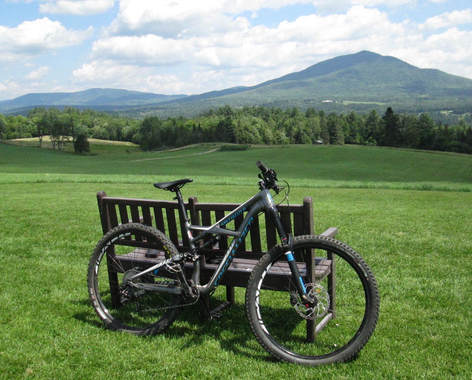 Specialized Enduro Comp 29: A mountain bike resting on a wooden bench with a lush green landscape and rolling hills in the background, under a partly cloudy sky.