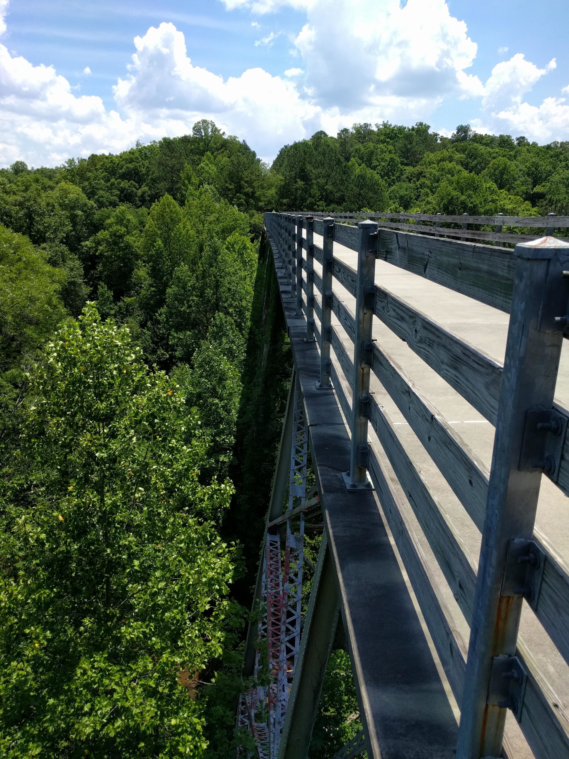 A wide view of a wooden pedestrian bridge extending over a lush green forest, with tall trees visible below. The scene includes a bright blue sky dotted with fluffy white clouds. The bridge features metal railings and a smooth walking surface, highlighting its height above the treetops. Silver Comet Rail Trail mountain bike trail.