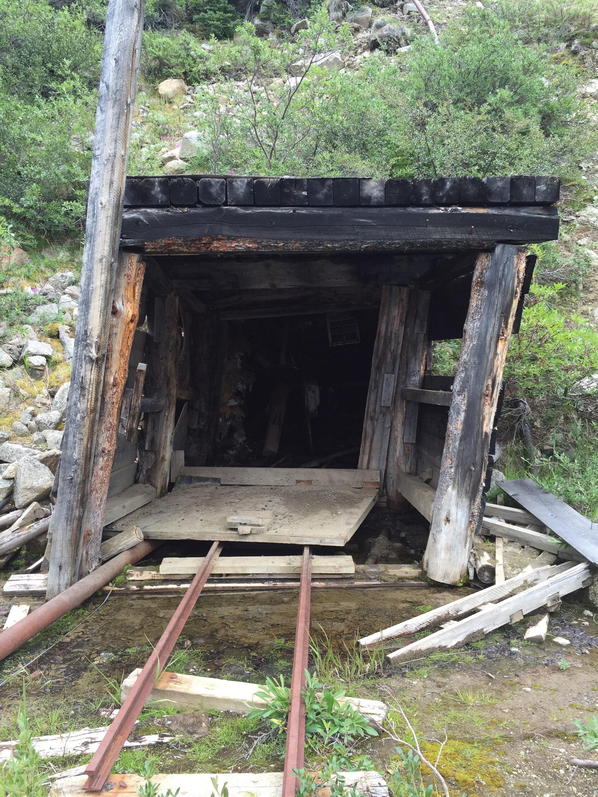 An abandoned mine entrance with wooden supports, partially collapsed and surrounded by overgrown vegetation. Rusty tracks lead into the dark interior, while scattered wooden planks and debris are visible on the ground. The scene is set in a natural landscape, featuring rocks and greenery. Atlin Mt SuperHero Trail mountain bike trail.