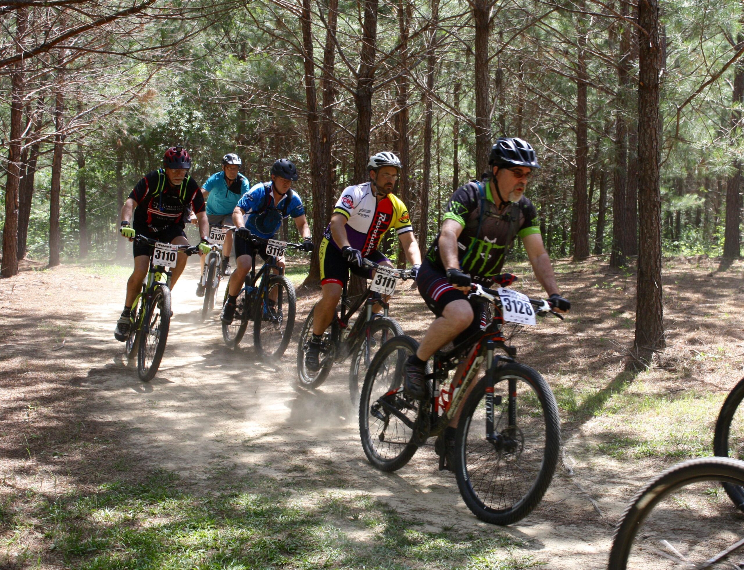A group of six mountain bikers navigating a dusty trail through a pine forest. Each rider is wearing a helmet and cycling gear, with race numbers displayed on their outfits. The scene captures the dynamic action of the cyclists as they ride along the winding path. Mt. Zion Bike Trails mountain bike trail.