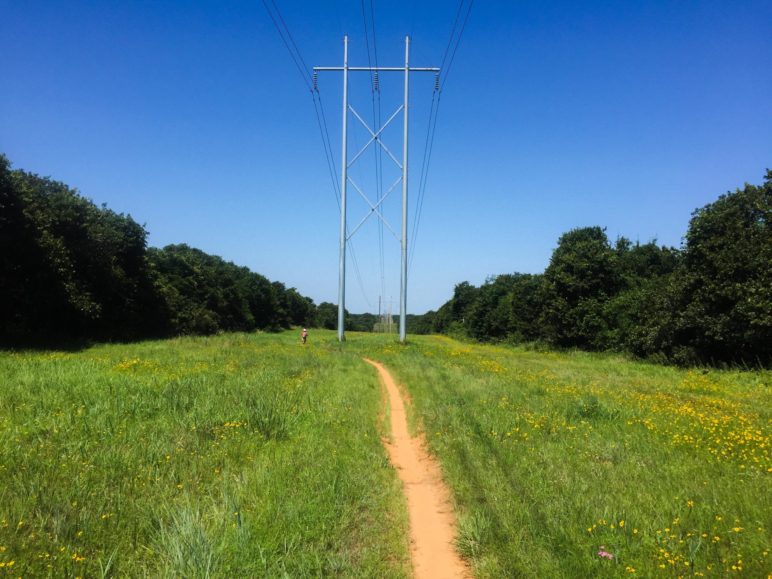 A dirt path surrounded by tall grass and wildflowers, leading through a clear field. In the background, a tall power line tower stands against a bright blue sky, with tree lines on either side of the path. A person is walking along the path, adding a sense of scale to the landscape. Lake Stanley Draper mountain bike trail.