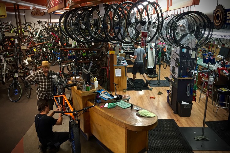 A busy bicycle shop interior featuring a male mechanic repairing a bike at a workbench while an older man watches. The shop is filled with various bicycles hanging on the walls and wheels displayed overhead. Another employee is seen attending to a task in the background. Tools and maintenance supplies are scattered around the workspace.