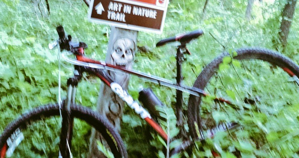 Giant Talon 29er 2: A mountain bike leaning against a trail sign that reads "Art in Nature Trail," surrounded by dense green foliage. A small skull sculpture is visible on the sign. The image has a slightly blurred effect.