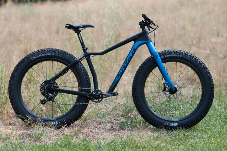 A black and blue fat tire bike is parked on a grassy area, surrounded by tall grass. The bike features wide tires labeled "Dillinger 5," a matte black frame, and a sleek design ideal for off-road riding.