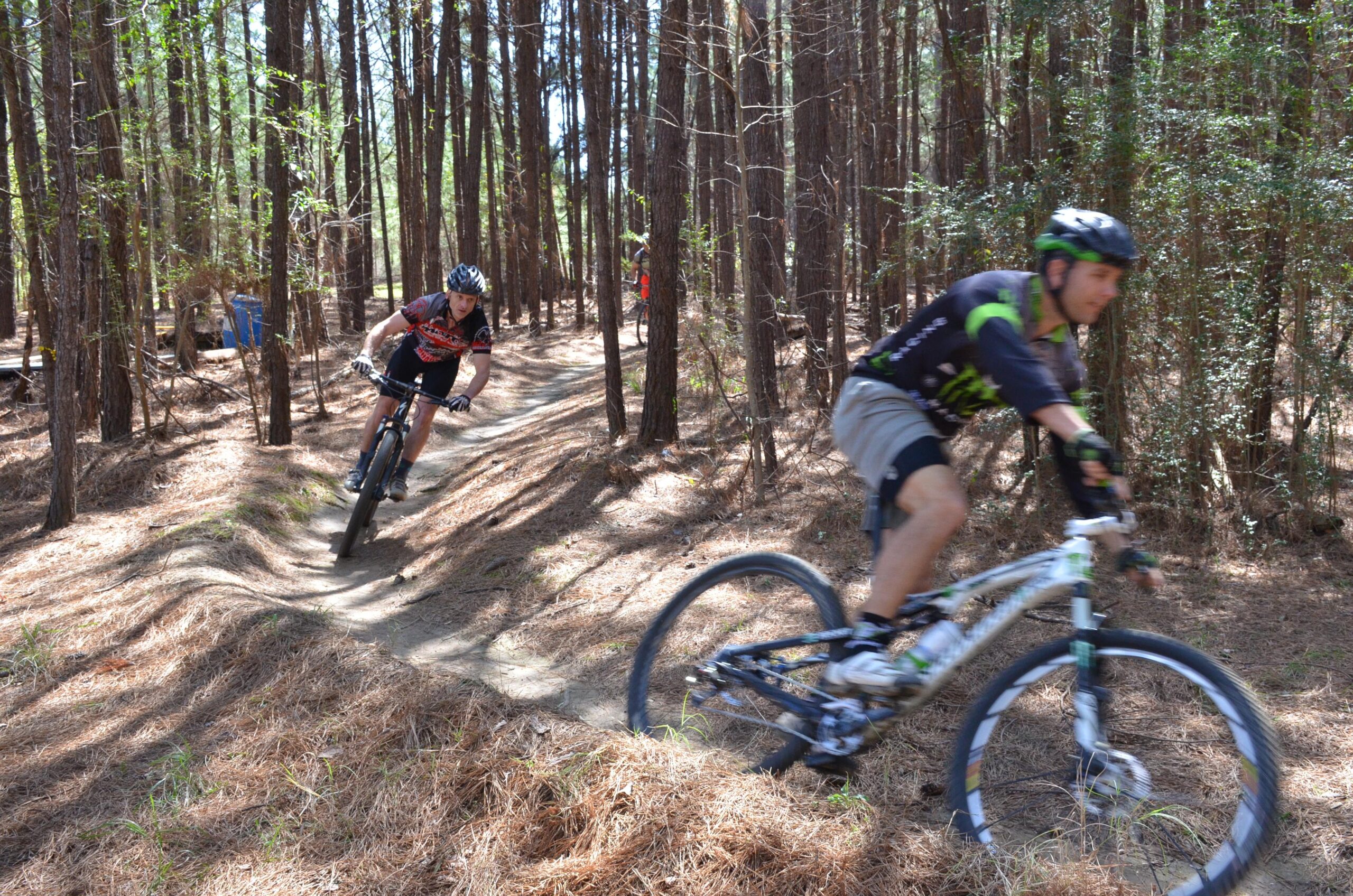 Two mountain bikers are navigating a winding dirt trail in a sunlit forest. One rider is in focus, leaning into a turn, while the other is slightly blurred, emphasizing motion. Tall trees and pine needles cover the ground, creating a natural backdrop for this outdoor cycling scene. Mt. Zion Bike Trails mountain bike trail.
