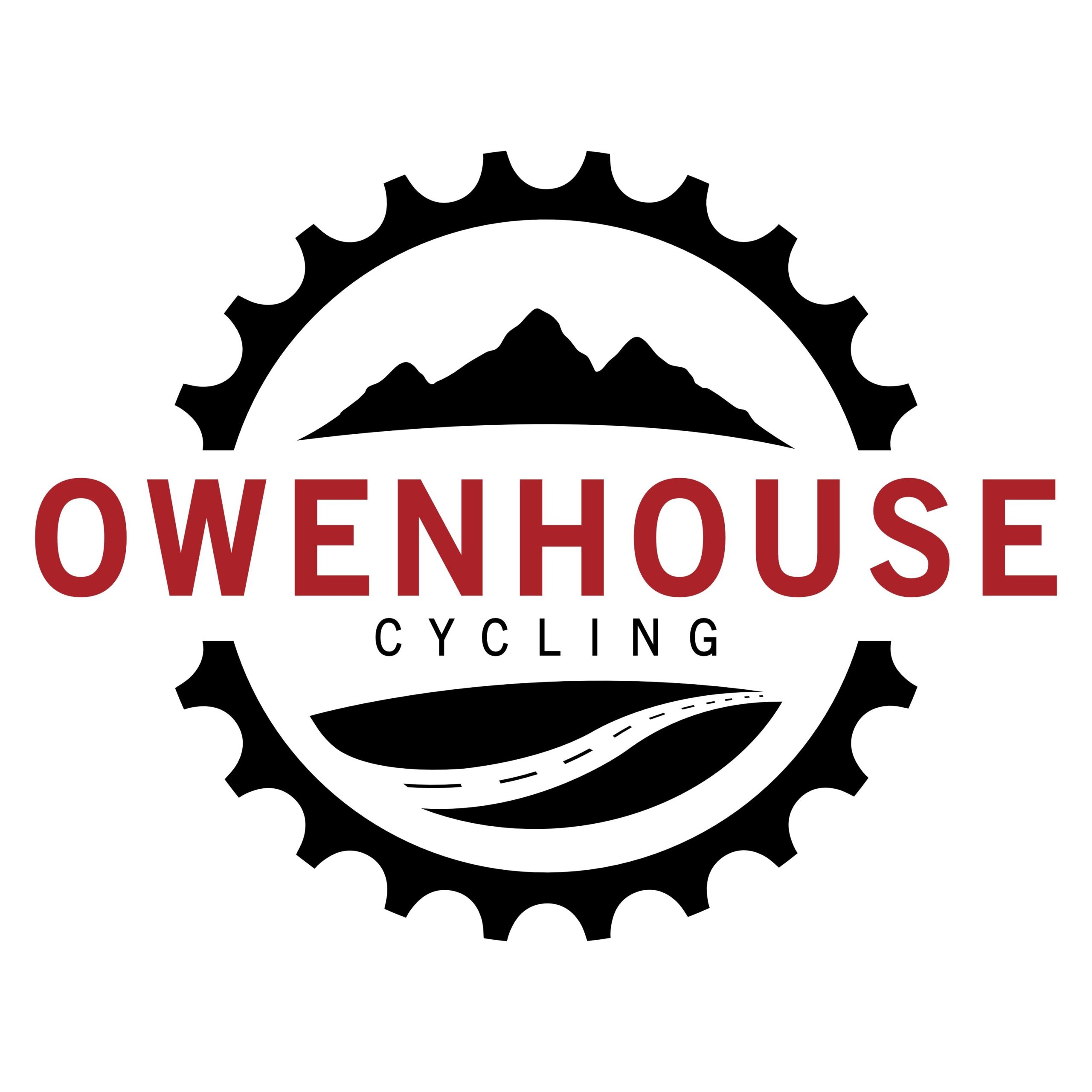 Logo design for Owenhouse Cycling, featuring bold red text on a circular emblem with a mountain silhouette and a winding road, all enclosed in a bike gear shape.