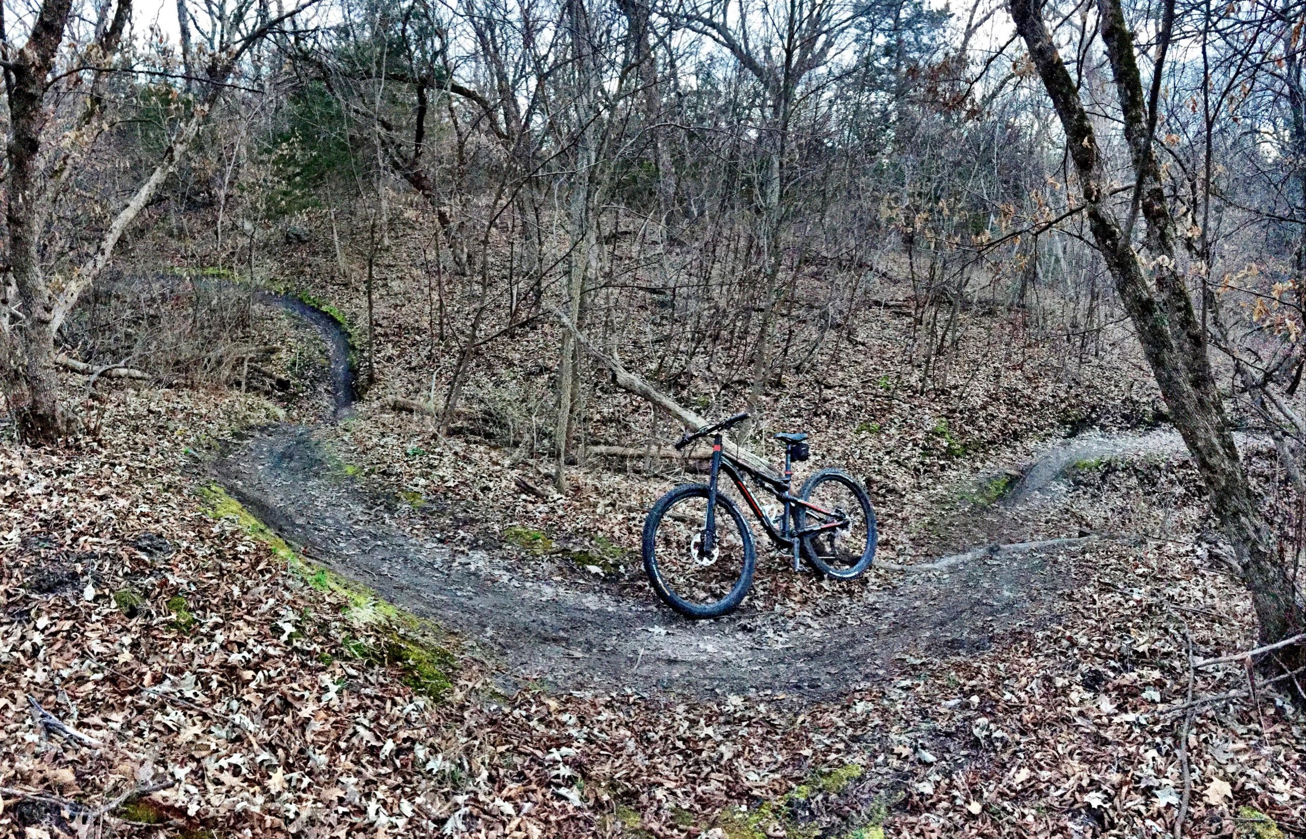 A mountain bike parked on a winding dirt trail surrounded by bare trees and fallen leaves in a wooded area. The trail curves away into the distance, highlighting a natural, serene outdoor setting. Platte River mountain bike trail.