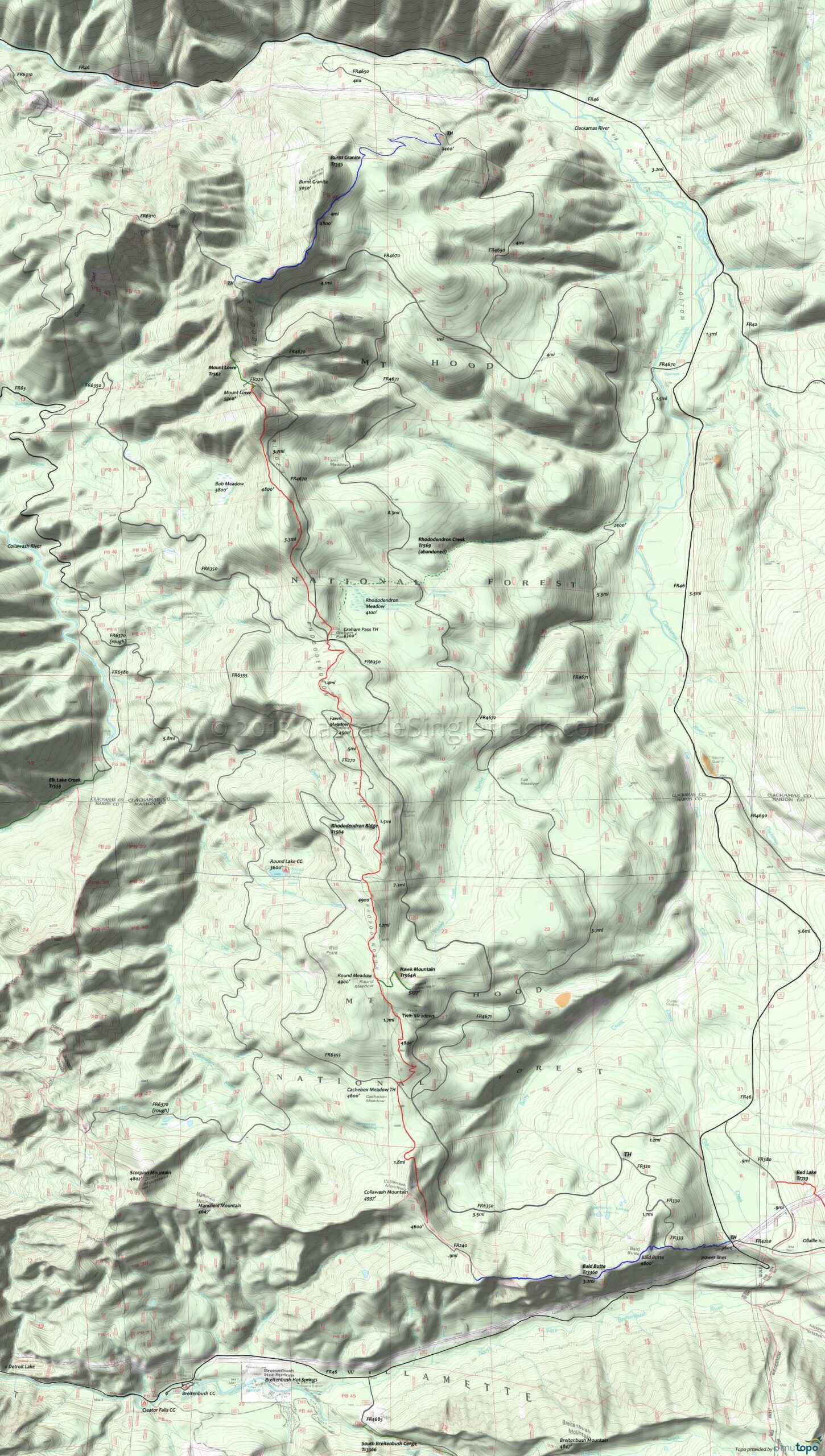 Topographic map depicting mountainous terrain with contour lines, water bodies, and various trail and road markers, primarily within the National Forest. Key features include elevation changes, trails shown in red and blue, and labels indicating geographic points. Rhododendron Ridge Trail mountain bike trail.