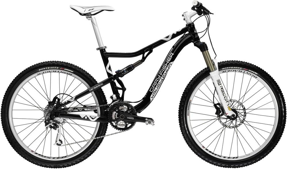 Gary Fisher HiFi Plus: A black and white mountain bike featuring a dual suspension design, with a sleek frame, wide tires, and high-performance components. The bike is positioned at a slight angle, highlighting its robust build and detailed parts, including the gears and brake system.