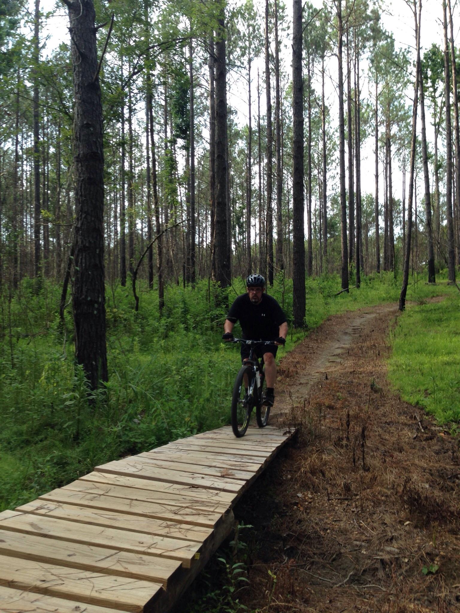 A person riding a mountain bike on a wooden bridge through a forested area, surrounded by tall pine trees and greenery. The path winds through the woods, leading away into the distance. Mt. Zion Bike Trails mountain bike trail.