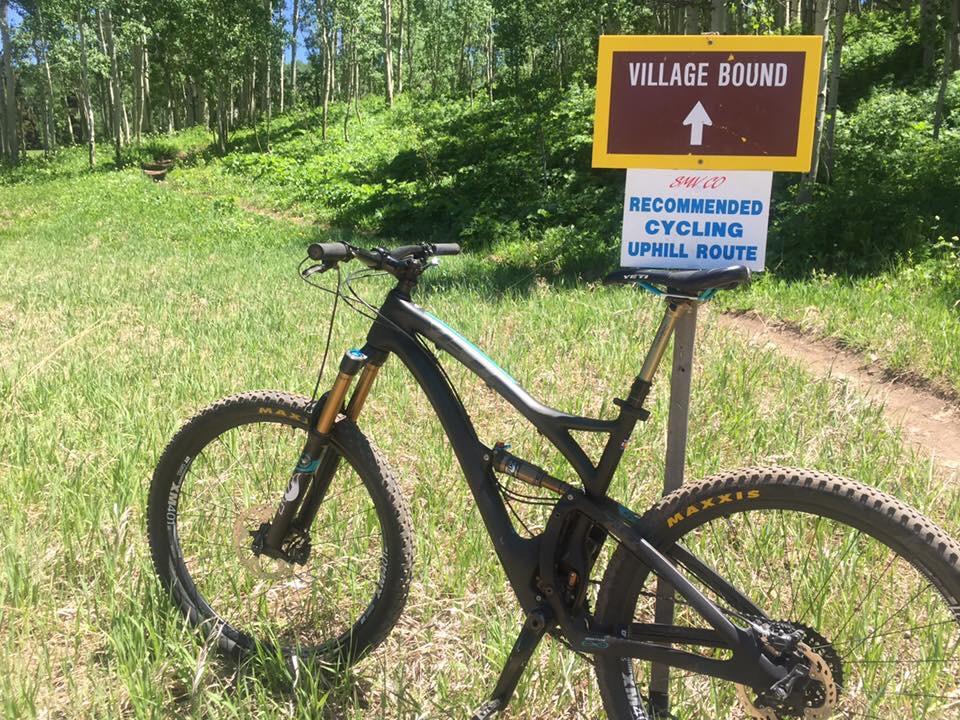 Yeti SB5c: A mountain bike parked on the grass beside a "Village Bound" sign indicating the direction of a recommended cycling uphill route. The background features lush greenery and trees typical of a forested area.