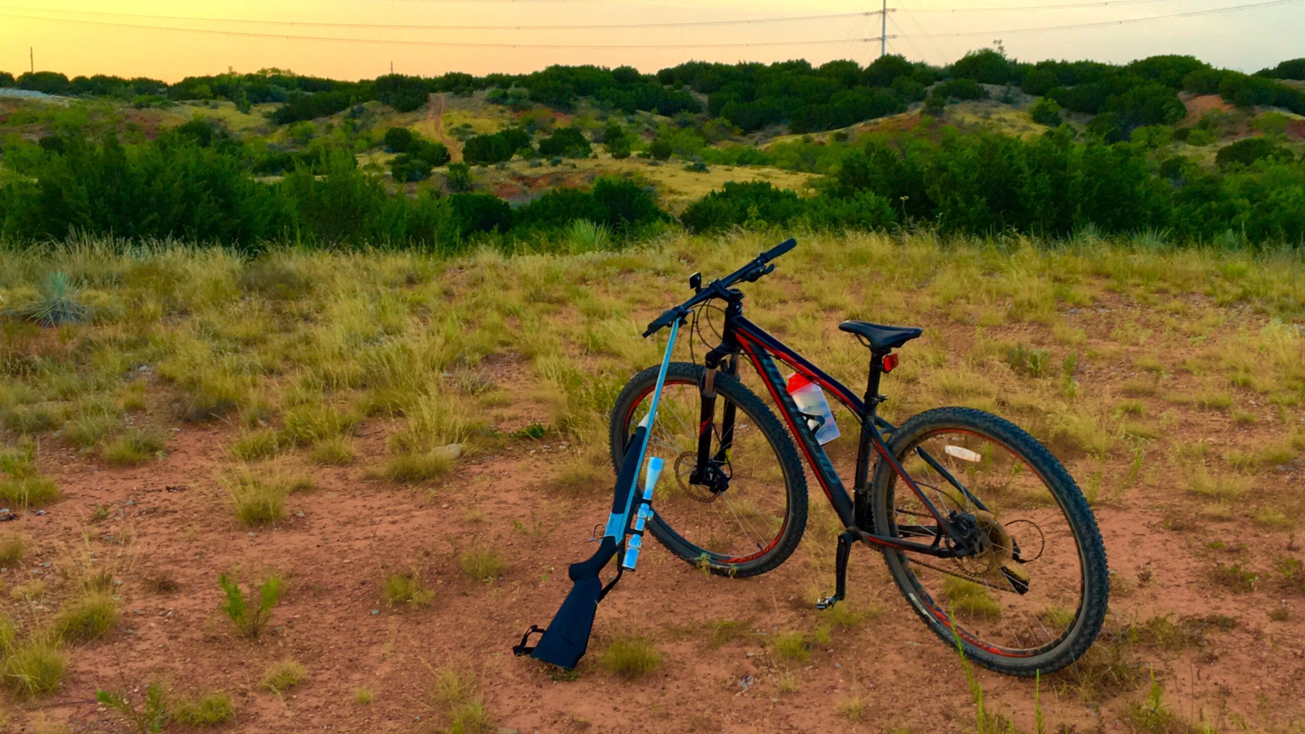 Specialized Rockhopper 29: A mountain bike with a water bottle attached is leaning against a grassy area, alongside a rifle slung on the bike's frame. In the background, green hills and a sunset sky can be seen.