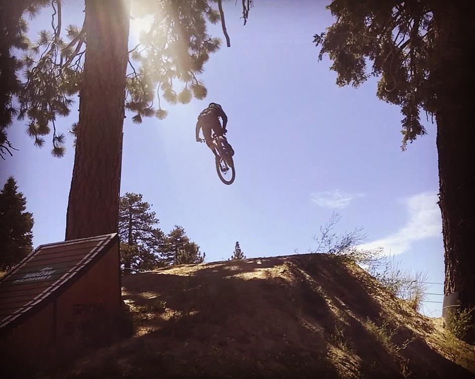 A mountain biker performs a jump off a dirt ramp, soaring through the air with a blue sky and tall pine trees in the background. The sunlight is bright, creating a halo effect around the rider. Big Bear Mountain Resort mountain bike trail.