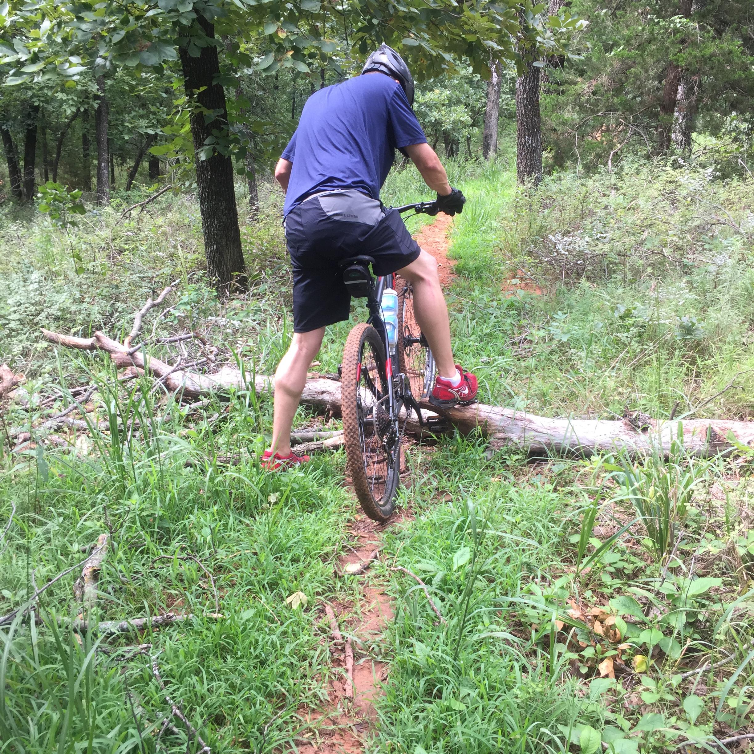 A person riding a mountain bike is navigating over a fallen log in a forested area. The surrounding environment features tall grasses and trees, creating a natural trail scene. The cyclist is wearing a helmet and casual athletic attire. Thunderbird Lake Clear Bay mountain bike trail.