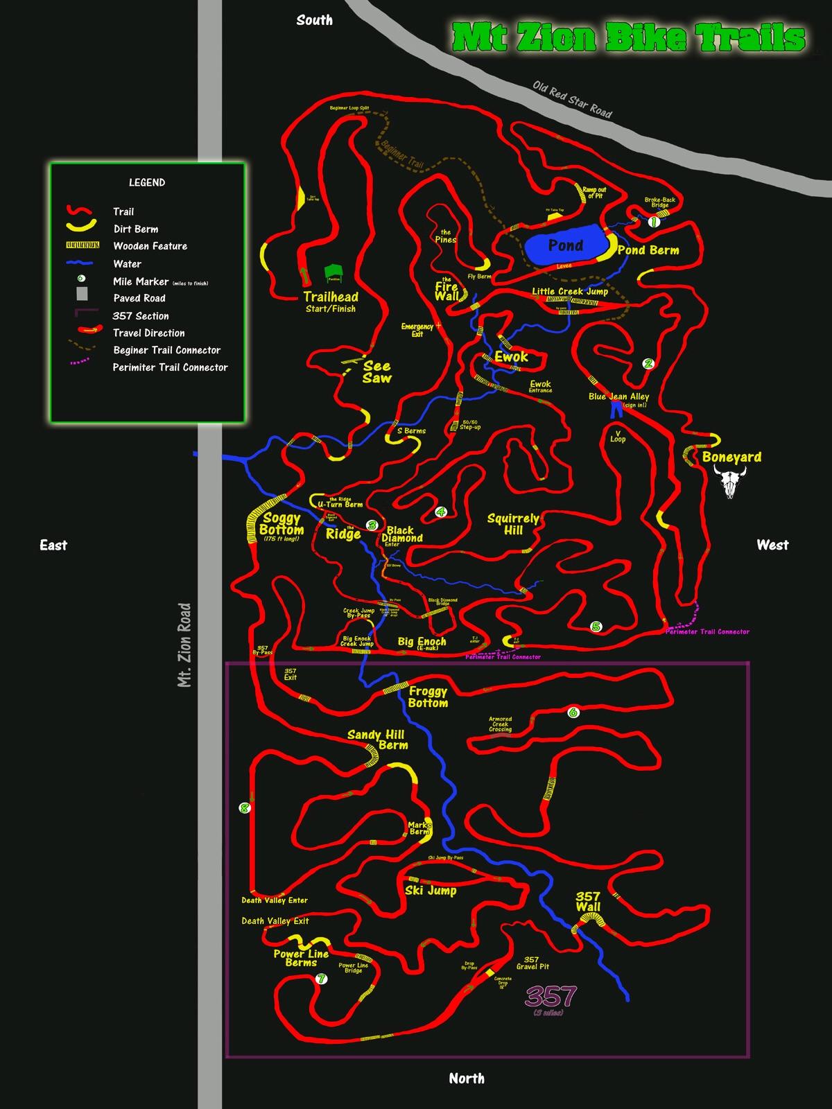 Map of Mt. Zion Bike Trails featuring various bike paths and features. The map includes a legend indicating trails, dirt berms, wooden features, water sources, and mile markers. Key trails such as "Sandy Hill Berm," "Froggy Bottom," and "Ski Jump" are highlighted, along with the trailhead and connecting paths. The orientation is indicated with cardinal directions labeled on the sides. Mt. Zion Bike Trails mountain bike trail.