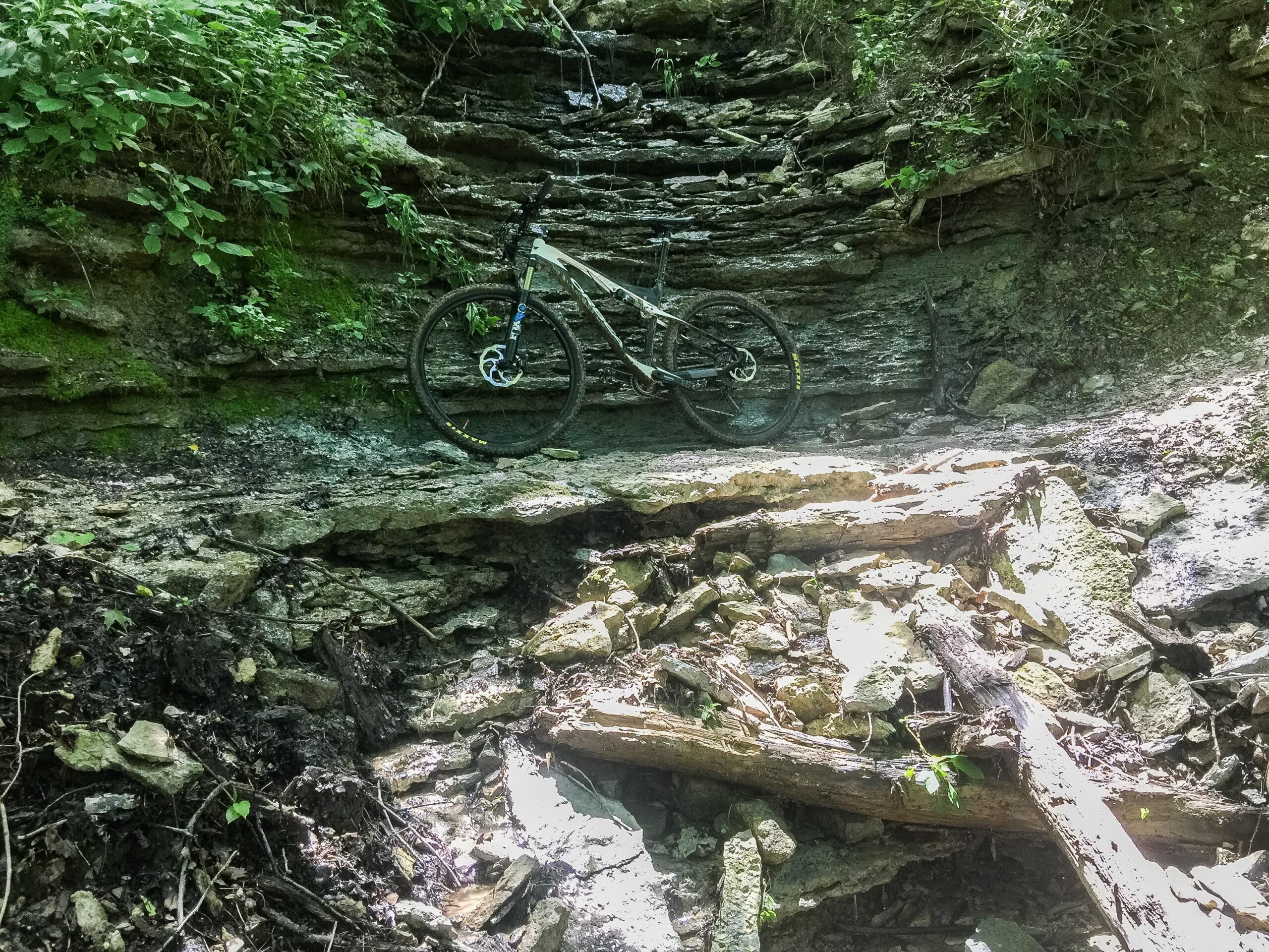 A mountain bike leaning against a rocky, moss-covered cliff in a forested area, surrounded by fallen logs and loose stones on the ground. Sunlight filters through the trees, illuminating the scene. Versailles State Park mountain bike trail.