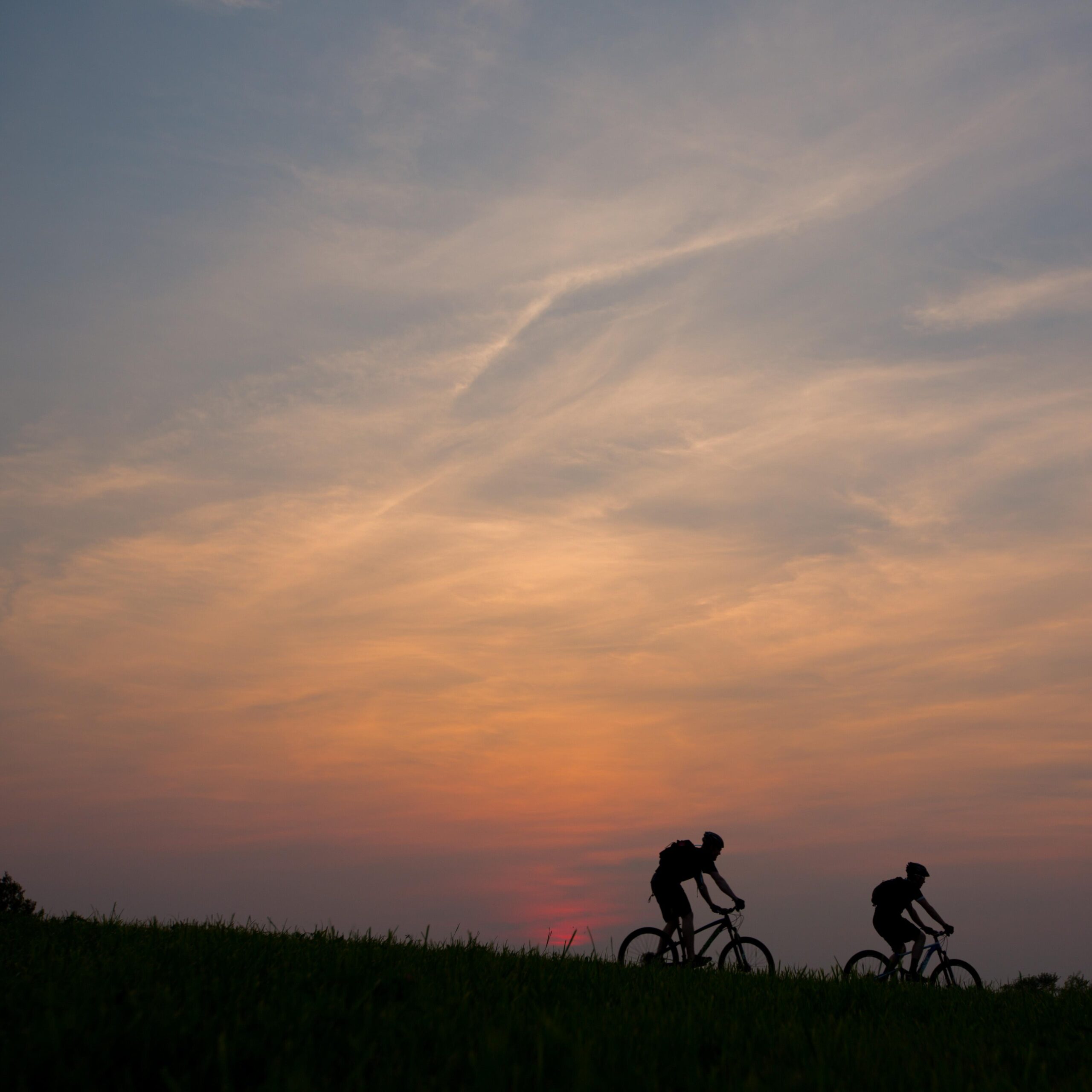 Two cyclists riding on a grassy hillside during sunset, silhouetted against a colorful sky with soft clouds. Kingdom Trails mountain bike trail.