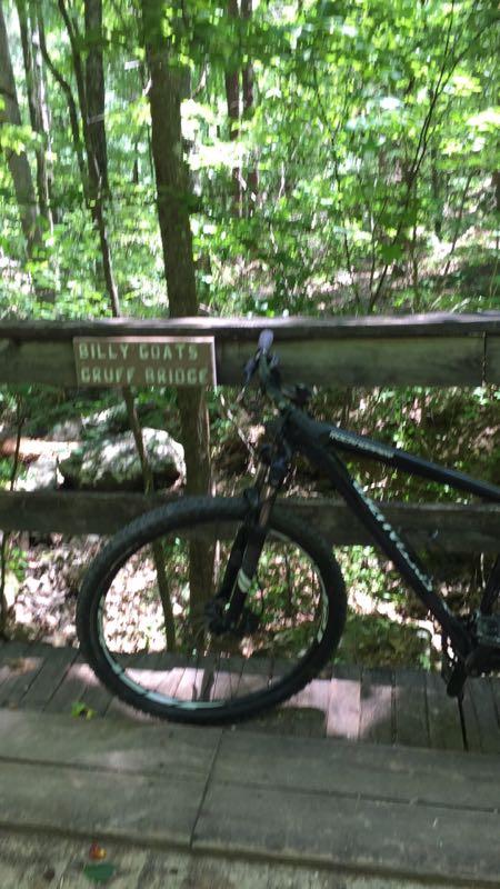 A mountain bike is leaning against a wooden railing near a sign that reads "BILLY GOATS GRUFF BRIDGE." The scene is set in a lush green forest with tall trees and dense foliage in the background. Oak Mountain State Park mountain bike trail.